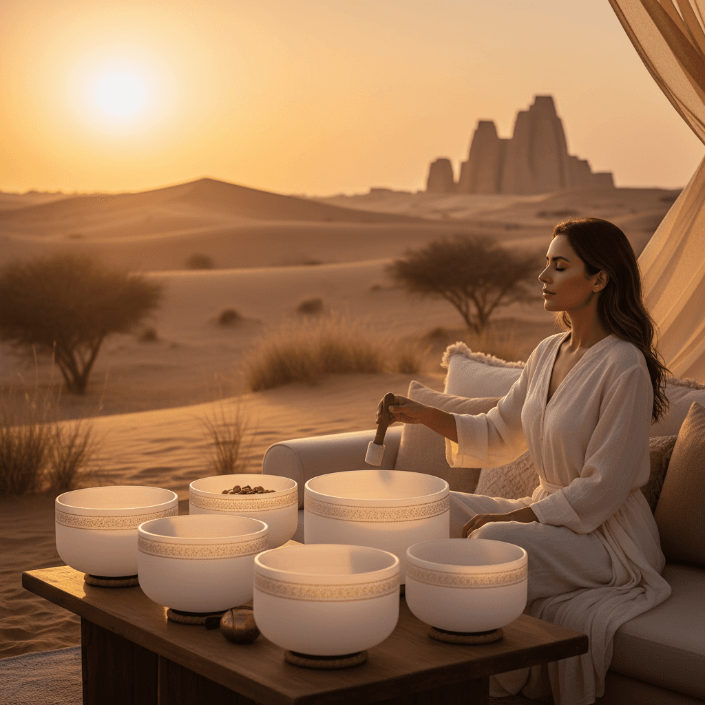 A tranquil sound bath session at Soul Art Dubai, featuring crystal bowls and gongs, designed by Larissa Steinbach for deep relaxation and nervous system regulation.