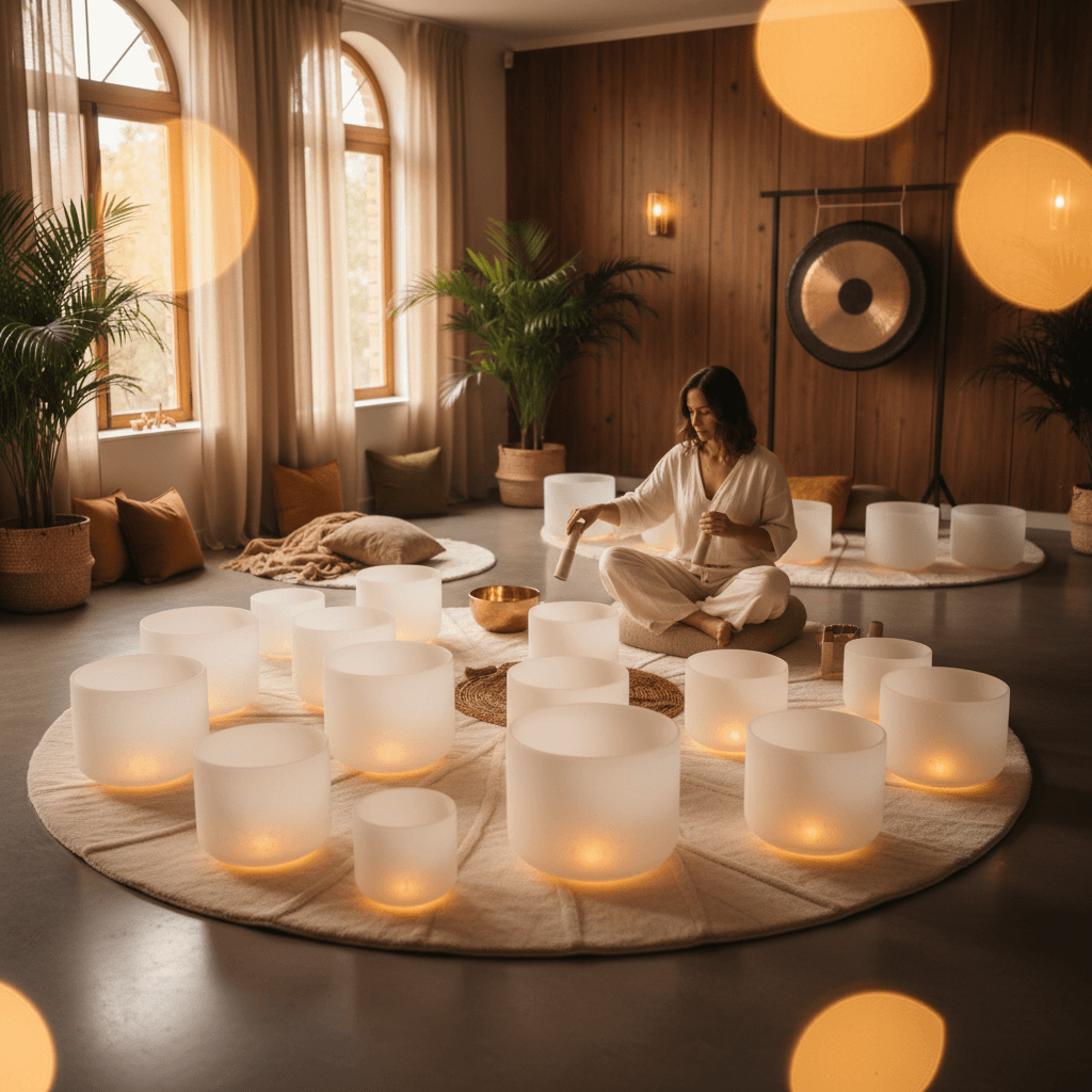 Sanfter Klang und Licht in einem ruhigen Raum, der eine entspannende Atmosphäre bei Soul Art Dubai unter der Leitung von Larissa Steinbach vermittelt, ideal für die Trauerbegleitung.