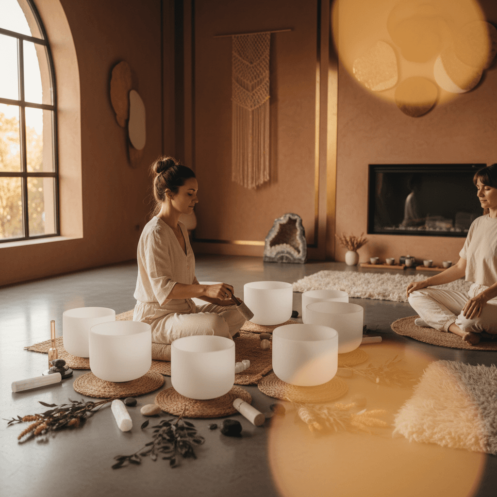 Larissa Steinbach leading a Soul Art 3D sound healing session with immersive audio technology, showing a relaxed participant amidst soothing visuals and soundscapes.