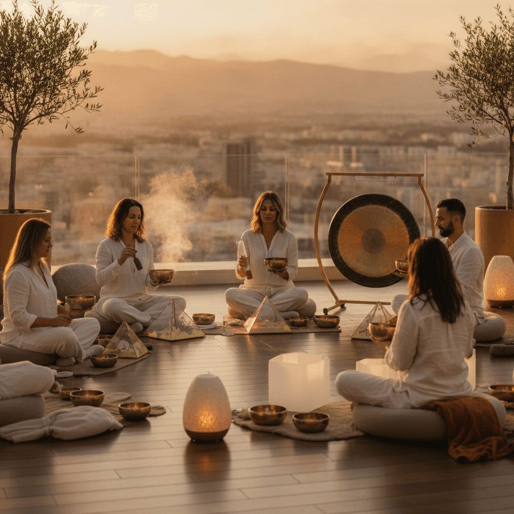 A diverse group of professionals relaxing during an inclusive corporate sound bath session led by Larissa Steinbach of Soul Art, emphasizing team wellness and deep relaxation.