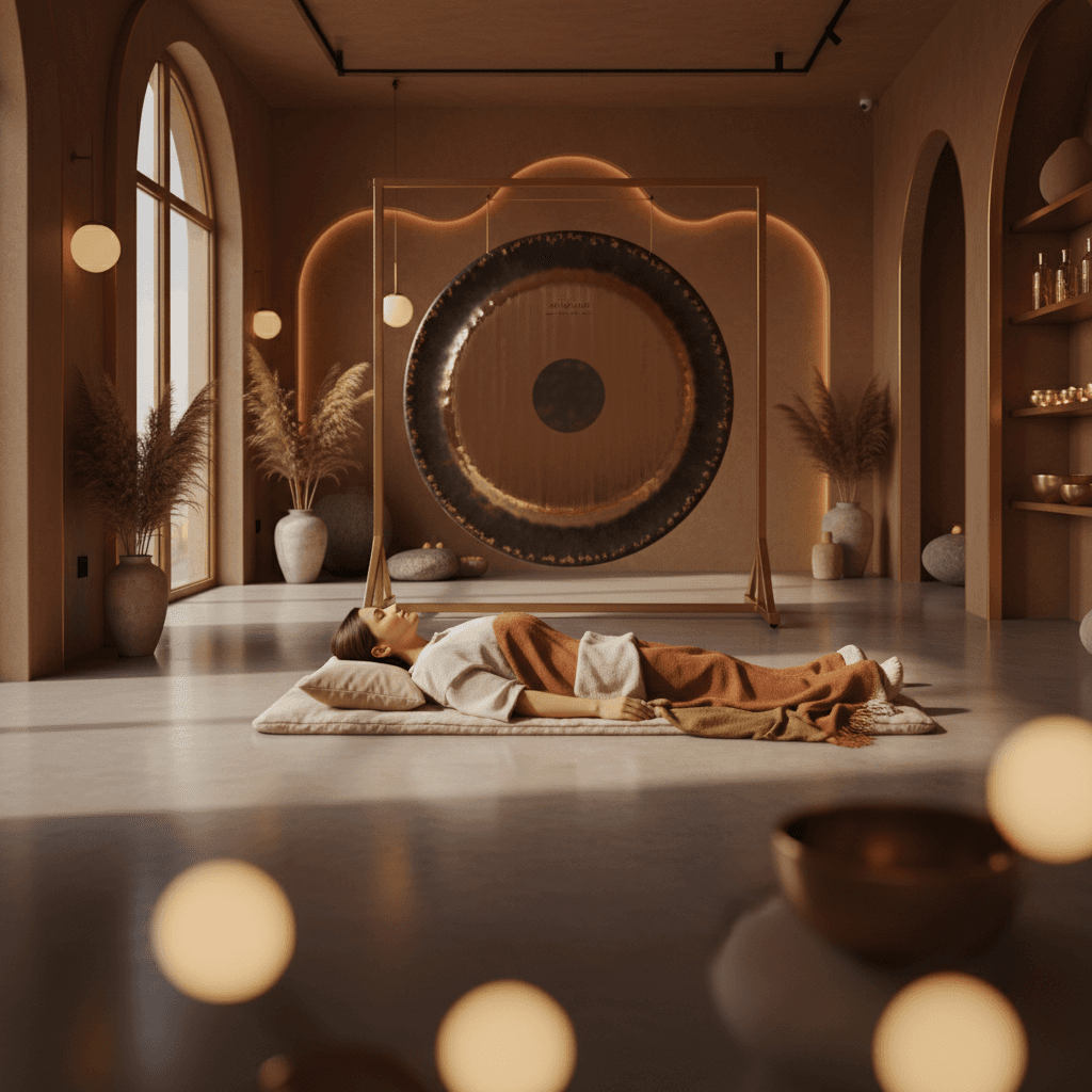 Larissa Steinbach facilitating a Soul Art sound bath session with crystal bowls and gongs, promoting inclusive well-being and deep relaxation in a tranquil studio.