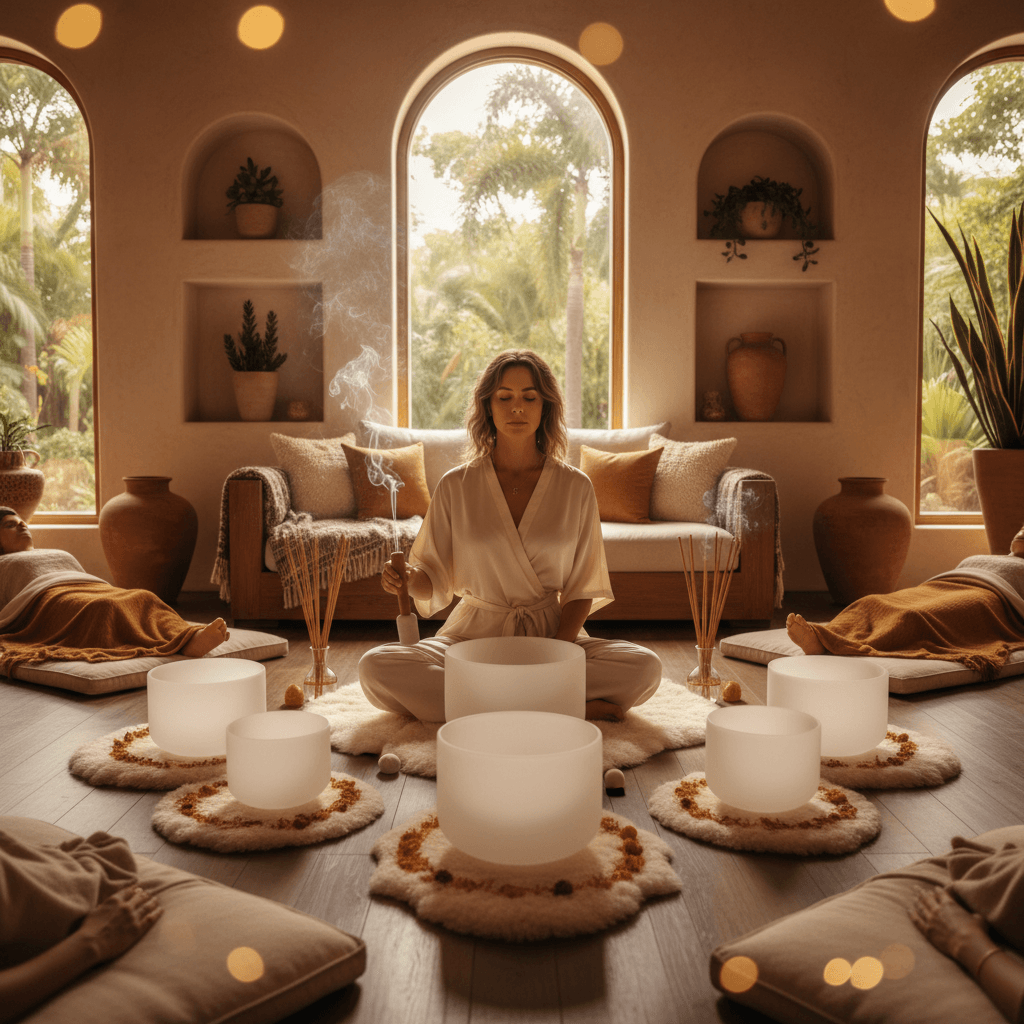 A diverse group of people meditating in a tranquil setting with crystal singing bowls, representing the communal and individual healing offered by Soul Art and Larissa Steinbach's sound wellness studio in Dubai.
