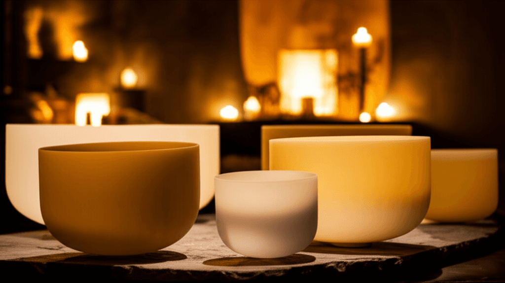 A tranquil scene of sound bowls and a calming atmosphere, representing the healing space at Soul Art Dubai, founded by Larissa Steinbach, for those experiencing infertility grief.