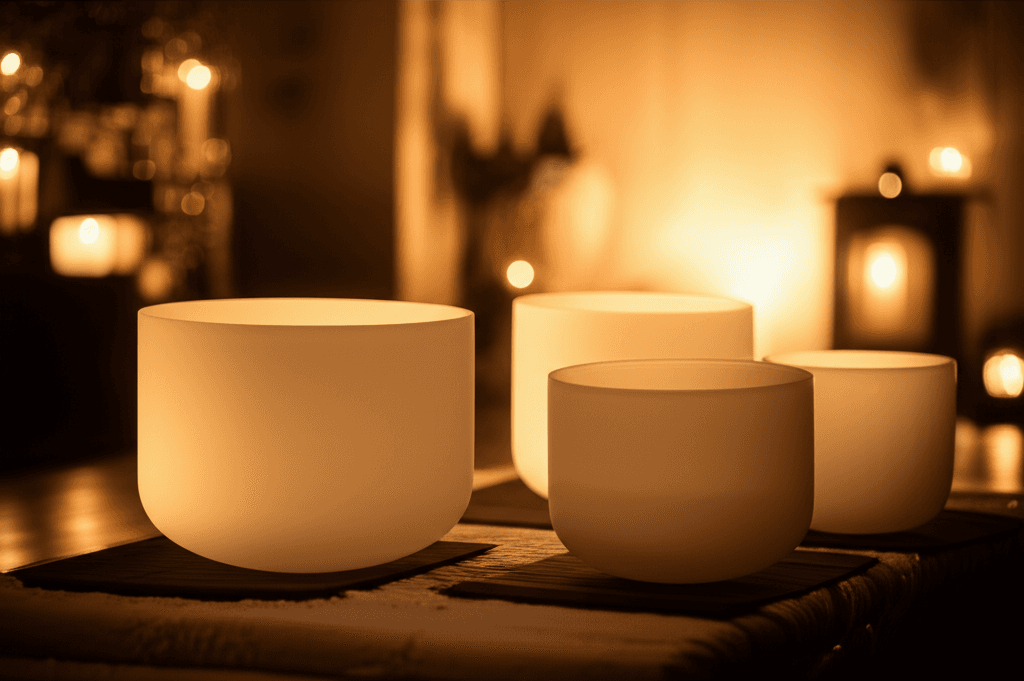 A person meditating in a serene, dimly lit sound wellness studio, surrounded by singing bowls and gongs, illustrating Soul Art's approach to combating inflammaging with Larissa Steinbach's guidance.