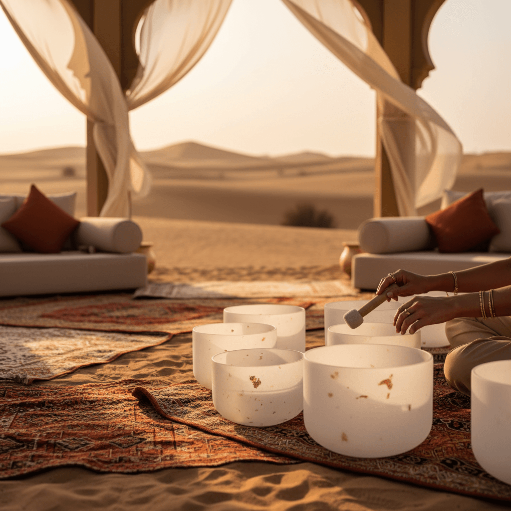 Soul Art Dubai's serene sound wellness studio, founded by Larissa Steinbach, offering gentle sound support for inflammatory bowel disease (IBD) relief and holistic well-being.