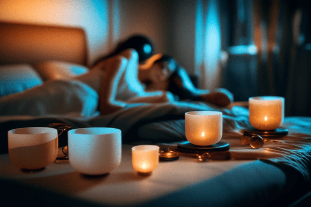 Eine Person entspannt sich inmitten von Klangschalen bei einer Klang-Wellness-Sitzung. Soul Art Dubai bietet unter der Leitung von Larissa Steinbach transformative Klang-Erfahrungen zur Verbesserung der Schlafqualität und Förderung der Genesung.