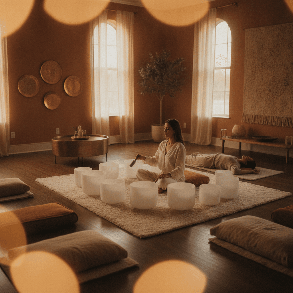 Eine ruhige Szene bei Soul Art Dubai, mit Larissa Steinbach, die sorgfältig eine Klangschale für einen privaten Klienten auswählt, symbolisierend die präzise Instrumentenwahl für ganzheitliches Wohlbefinden bei Soul Art.
