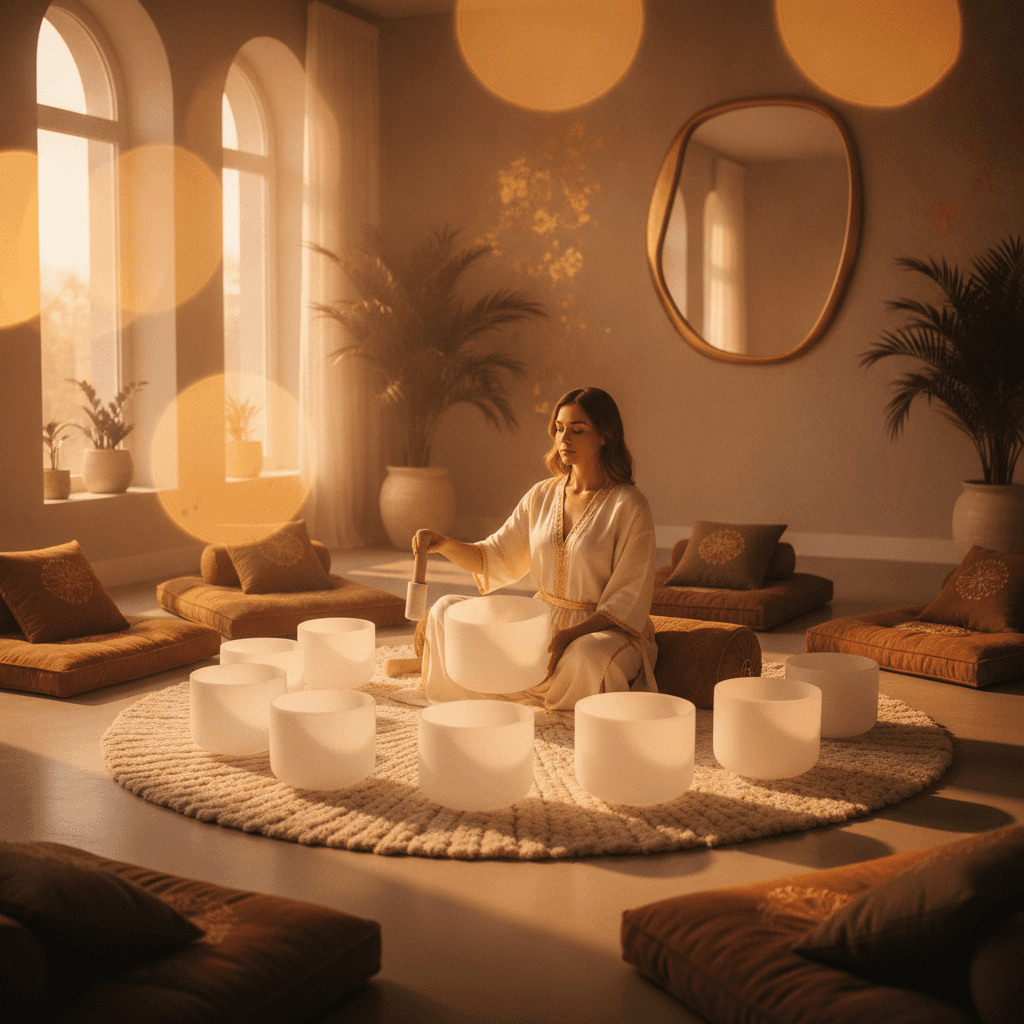 A serene hand playing a crystal singing bowl during a Soul Art sound wellness session, highlighting Larissa Steinbach's modern approach to relaxation in Dubai.