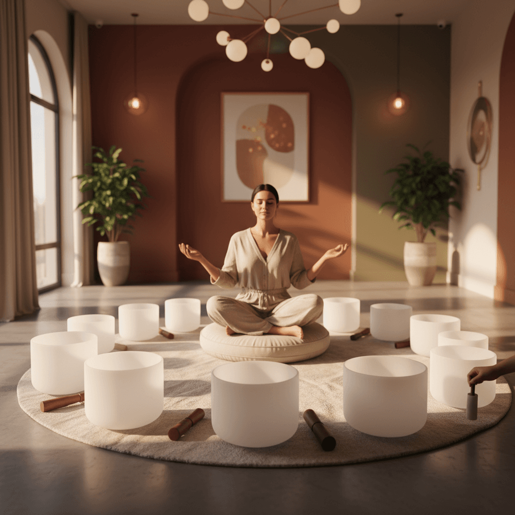 A diverse couple holding hands, surrounded by a calming blue light and gentle mist, symbolizing harmony and connection in an intercultural relationship, supported by Soul Art and Larissa Steinbach's sound wellness practices.