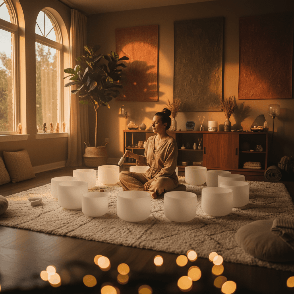 A diverse group of individuals meditating in a tranquil setting, surrounded by singing bowls and gongs, symbolizing the inclusive and universal sound wellness experience at Soul Art Dubai, led by Larissa Steinbach.