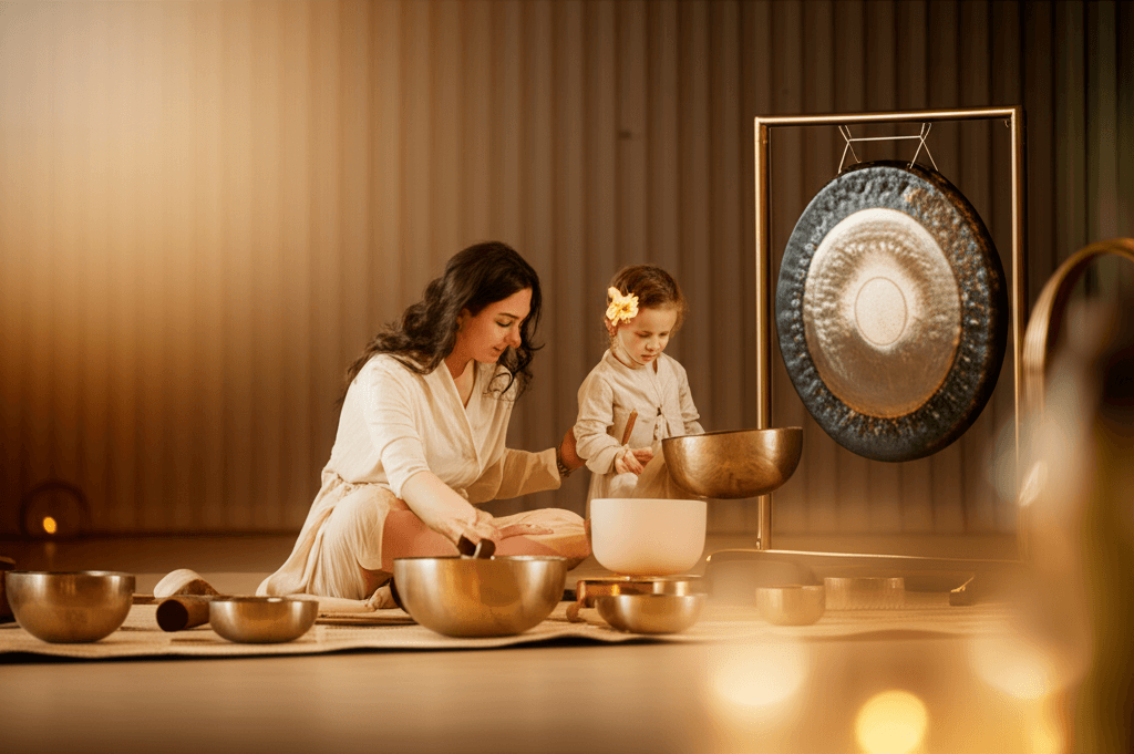 Ein lächelndes Großelternpaar und ihr Enkelkind nehmen an einer beruhigenden Klang-Wellness-Sitzung teil, um ihre Bindung zu stärken. Ein Angebot von Soul Art und Larissa Steinbach.