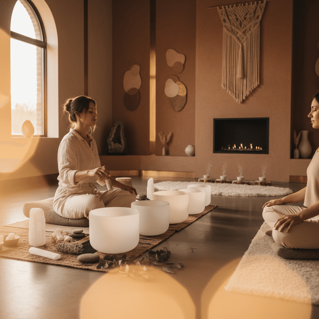 A tranquil scene with sound bowls, representing healing. Soul Art's unique sound wellness approach by Larissa Steinbach to address deep-seated trauma.