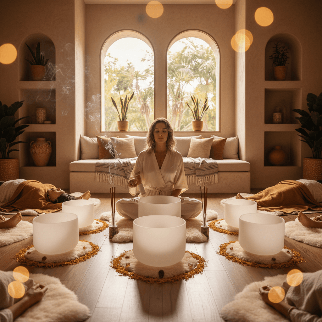 A serene image representing sound healing and intimacy, with keywords 'Soul Art', 'Larissa Steinbach', 'sound wellness', 'physical connection', 'intimacy enhancement', and 'Dubai studio'.
