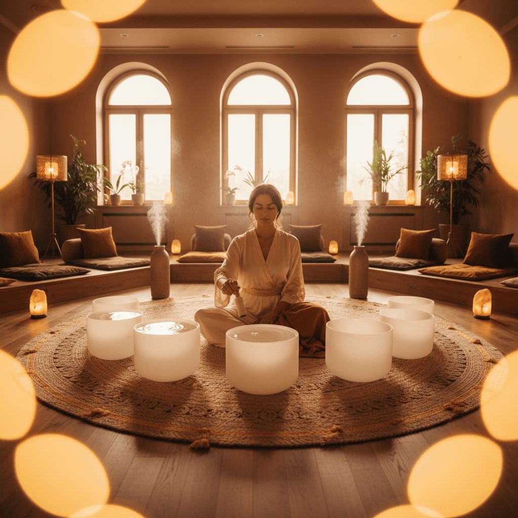 A person in deep meditation surrounded by gentle light and sound waves, symbolizing intuition development through sound wellness at Soul Art by Larissa Steinbach.