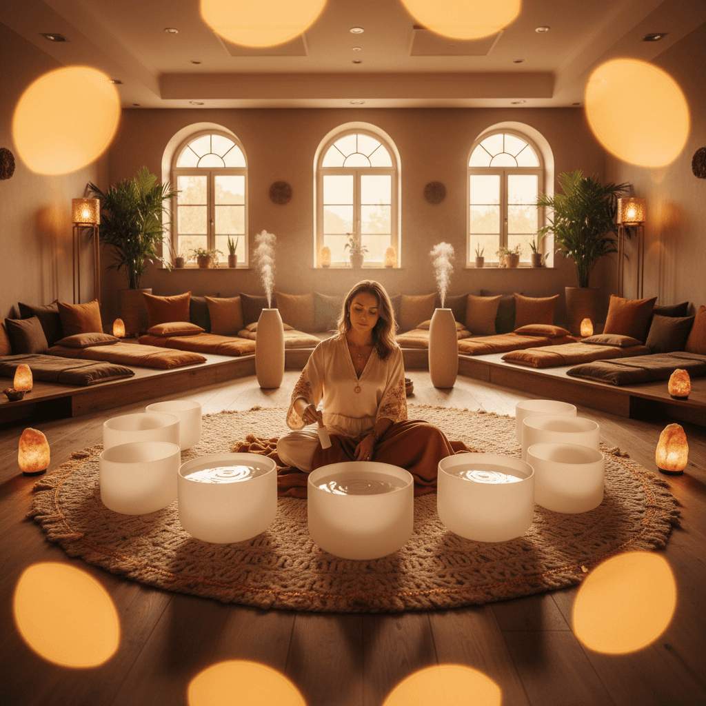 Larissa Steinbach from Soul Art Dubai leading a sound wellness session, featuring singing bowls and gongs, to help investment bankers manage deal pressure and stress through deep relaxation and focus enhancement.