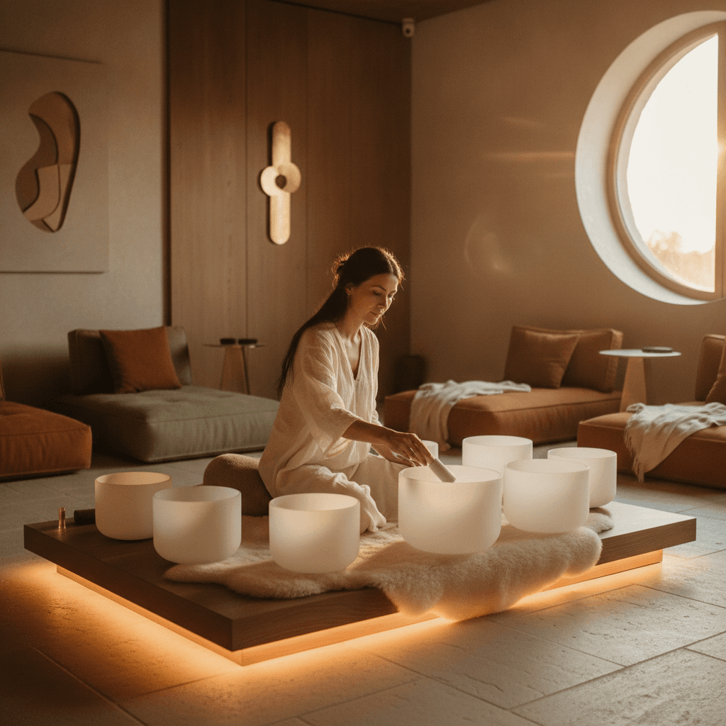 A close-up of hands gently playing a singing bowl, with soft, ambient lighting. The scene evokes a sense of calm and focus, reflecting the Soul Art Dubai experience led by Larissa Steinbach, designed to reduce stress for investor pitches and enhance mental clarity.
