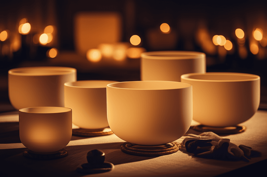 A diverse group of individuals experiencing a sound bath session at Soul Art, with soft lighting and singing bowls, founded by Larissa Steinbach.