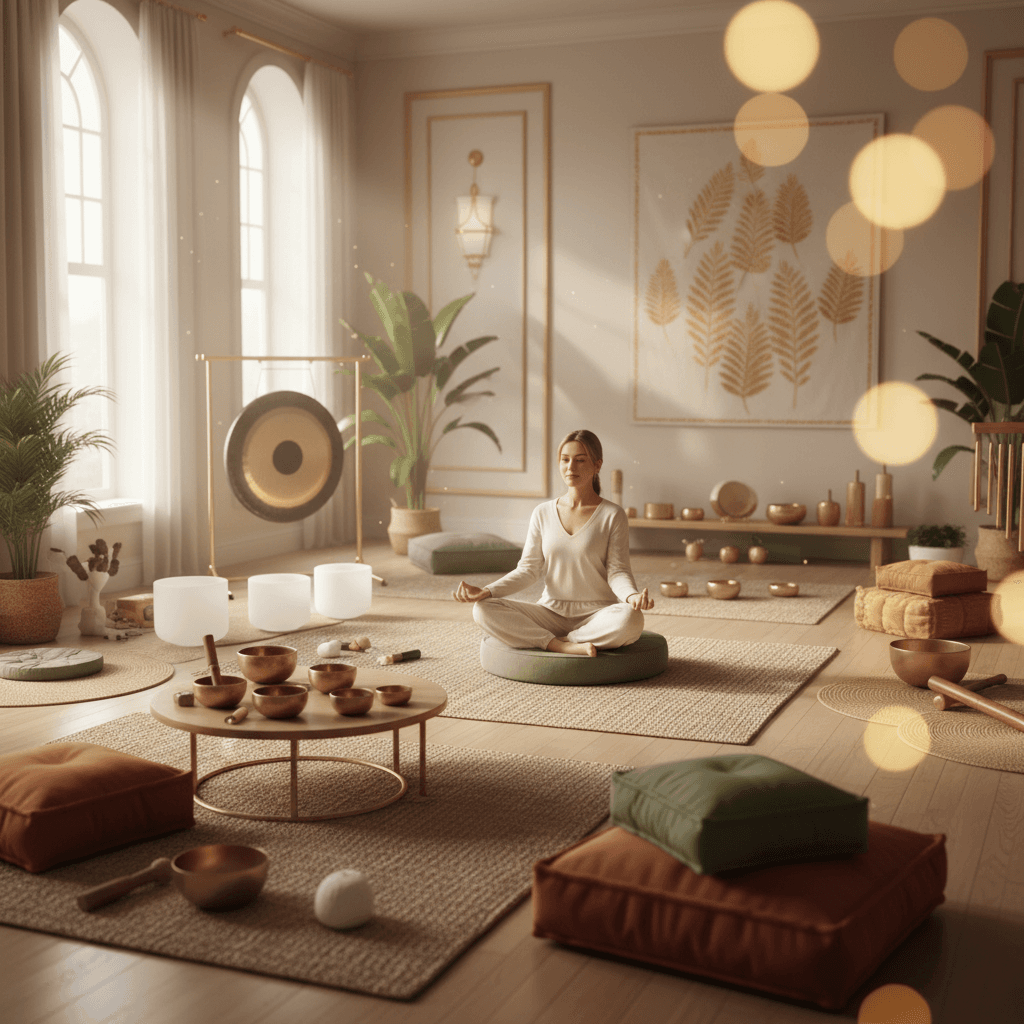 Eine Person praktiziert Japa Meditation mit einer Mala-Kette, umgeben von sanftem Licht, symbolisierend Entspannung und inneren Frieden. Soul Art Dubai und Larissa Steinbach fördern tiefes Wohlbefinden durch Klang.