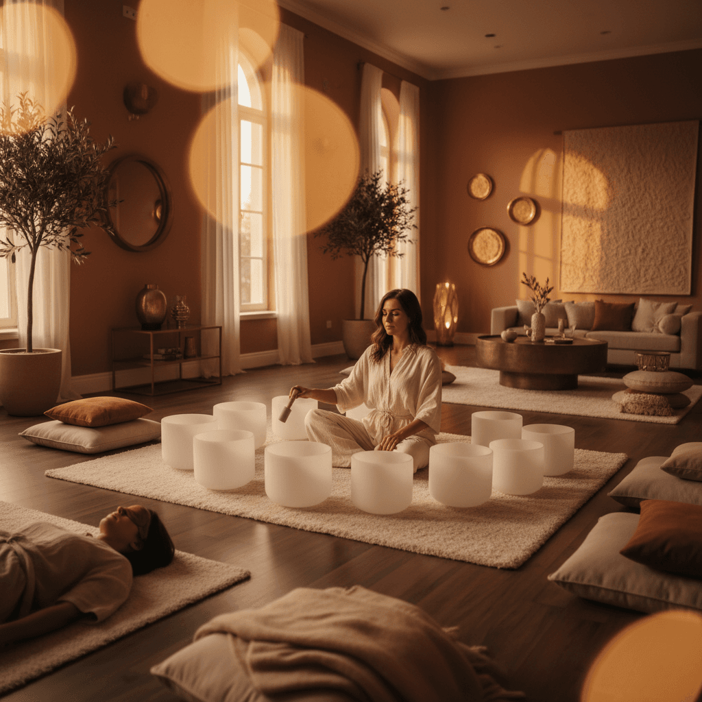 A beautifully illuminated Japanese temple bell (bonshō) at dusk, symbolizing clearing and awakening. Soul Art Dubai, led by Larissa Steinbach, incorporates these ancient sounds for modern wellness.