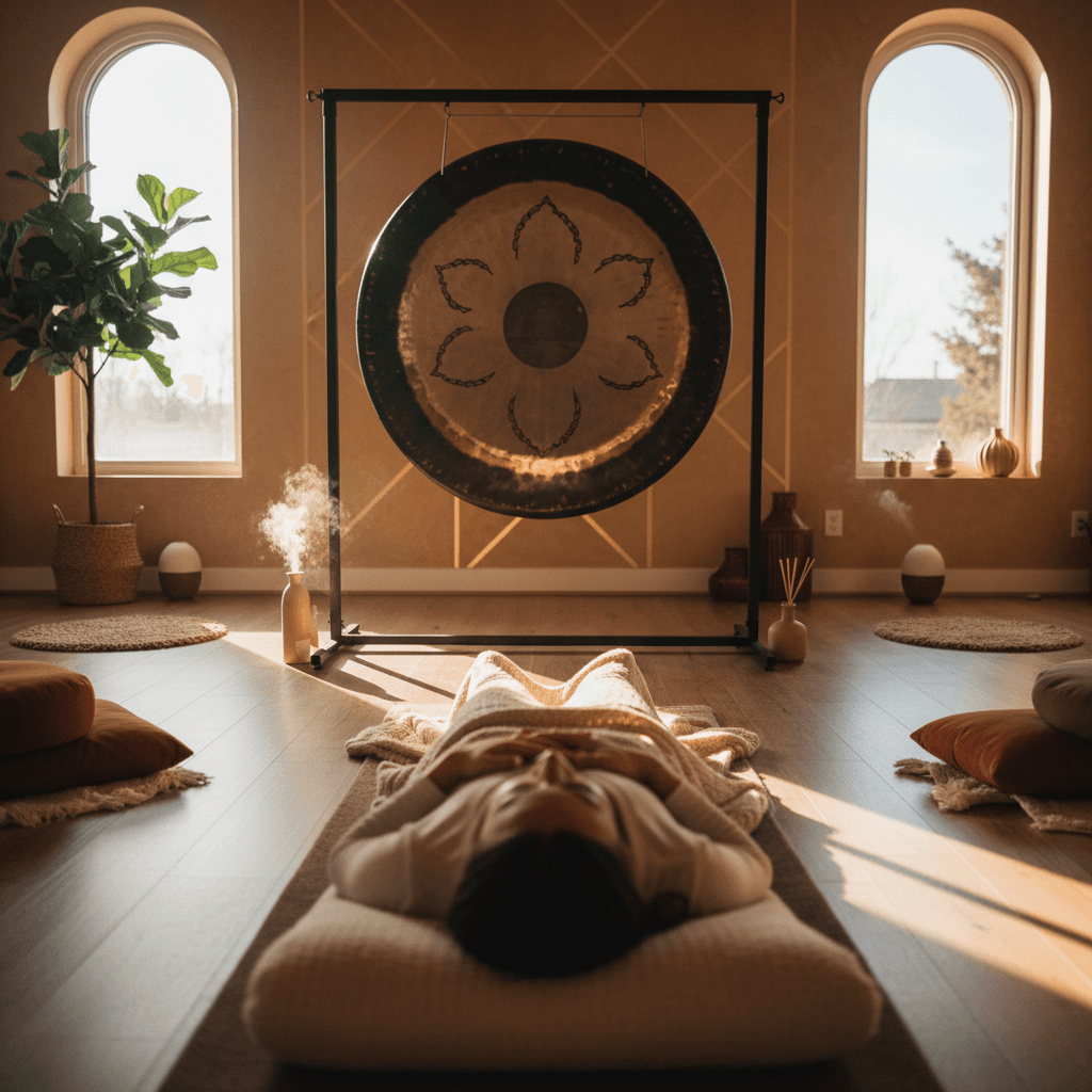 امرأة تمارس التأمل مع أوعية الرين جونغ اليابانية، تعكس الهدوء والسكينة، في مركز سول آرت بدبي بقيادة لاريسا ستاينباخ.