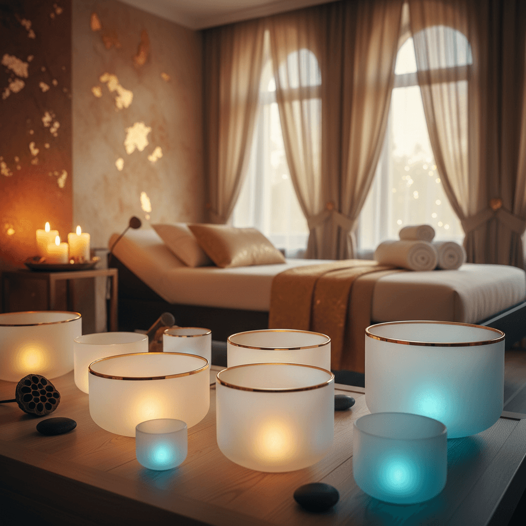 A woman experiencing sound wellness, with a serene expression, representing the holistic benefits offered by Soul Art and Larissa Steinbach for facial relaxation and tension release.