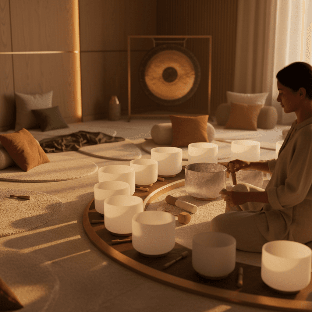 Eine beruhigende Szene in einem Klang-Wellness-Studio von Soul Art, Dubai, mit Klangschalen und einer Person, die Entspannung erfährt. Larissa Steinbach bietet hier Unterstützung bei der Bewältigung von Trauer nach Jobverlust.