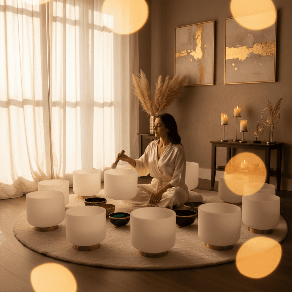 A person's hands gently playing a singing bowl, symbolizing the calming effect of sound wellness. Soul Art Dubai and Larissa Steinbach embrace scientific research like Johns Hopkins Music Therapy programs to enhance holistic well-being and stress reduction.
