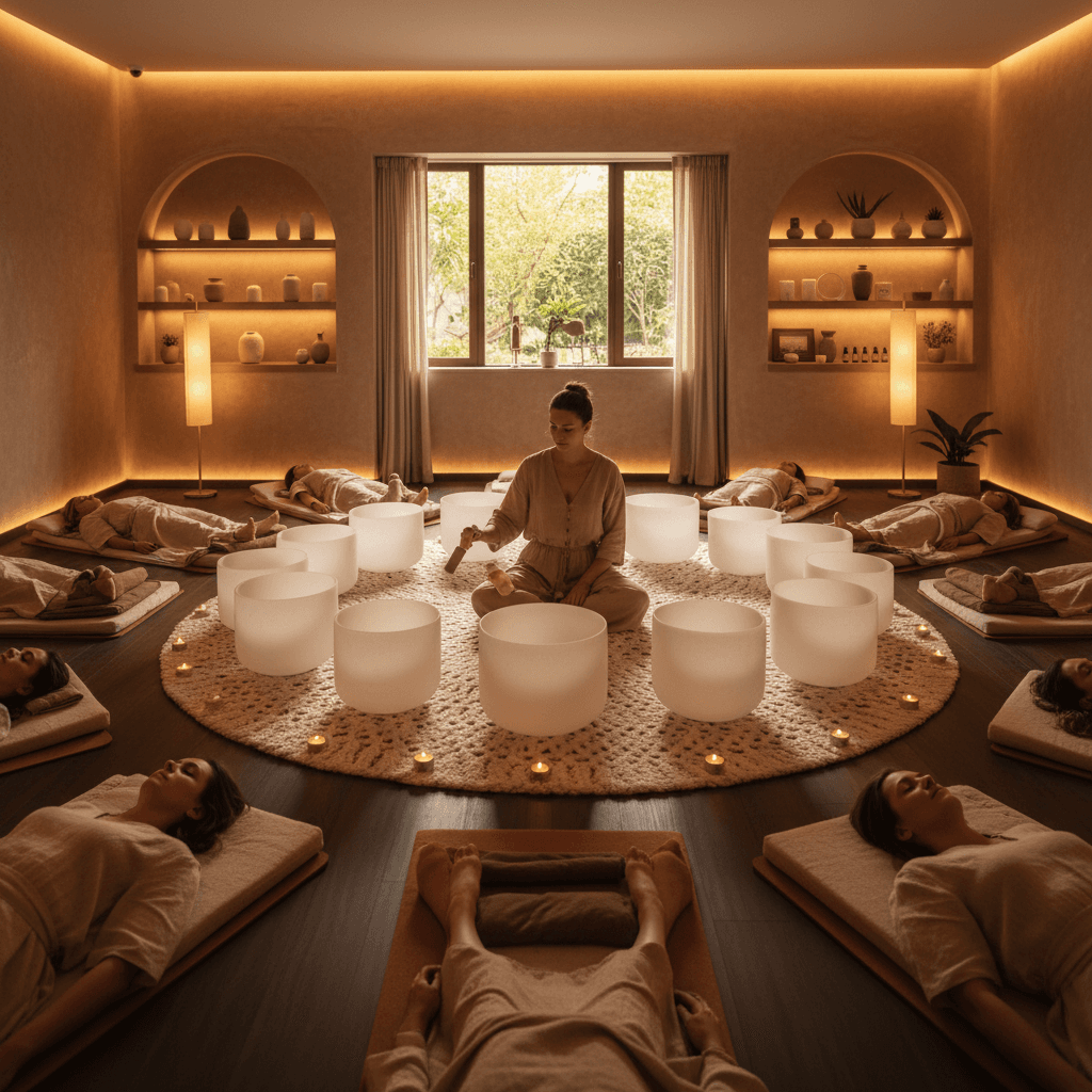 Larissa Steinbach guiding a meditative sound bath session at Soul Art Dubai, featuring crystal singing bowls and serene ambient lighting, promoting joy cultivation and deep relaxation.