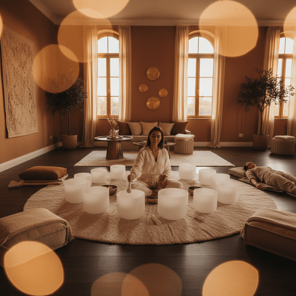 Eine beruhigende Szene, die Klang-Wellness symbolisiert, mit Elementen wie einer Klangschale und sanftem Licht. Im Fokus: das Wohlbefinden von Richtern durch Entspannung. Ein Hinweis auf die Kompetenz von Larissa Steinbach und Soul Art Dubai im Bereich Klangheilung.