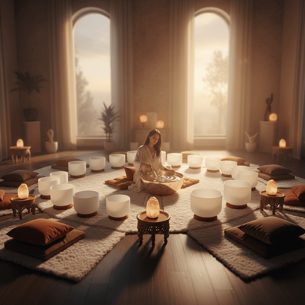 A serene studio interior with calming light, symbolizing safe and gentle awakening practices through Kundalini and sound wellness at Soul Art Dubai, founded by Larissa Steinbach.