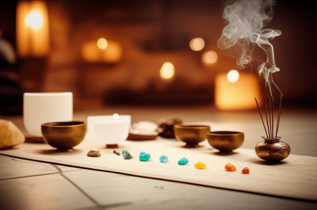 Eine Person meditiert im Lotussitz, umgeben von sanftem Licht und Klangschalen, symbolisierend das energetische Erwachen durch Kundalini Yoga und Klang bei Soul Art von Larissa Steinbach.