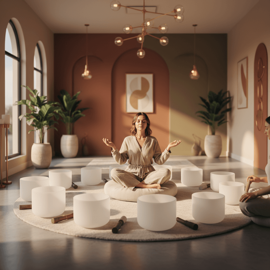 A tranquil scene depicting a person in deep, restorative sleep, subtly incorporating elements of sound waves or gentle light, representing the holistic wellness approach of Soul Art and its founder, Larissa Steinbach.