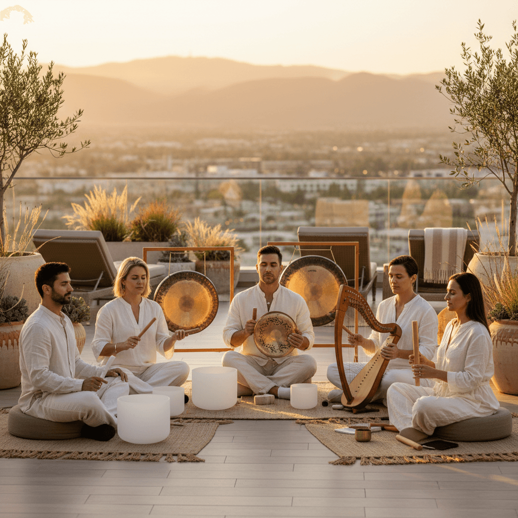 Larissa Steinbach guiding a sound wellness session at Soul Art, illustrating deep relaxation and nervous system regulation for enhanced leadership presence in Dubai.