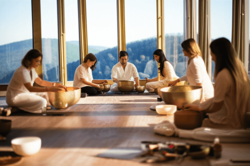 Larissa Steinbach from Soul Art Dubai leading a sound wellness session, demonstrating how sound cultivates gravitas and executive presence in leaders.