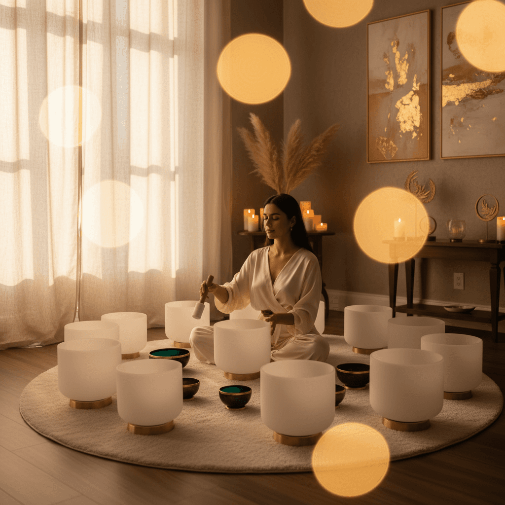 جلسة شفاء بالصوت في سول آرت دبي بقيادة لاريسا ستاينباخ، مع أوعية الغناء البلورية والأجراس، لتعزيز العافية والهدوء.