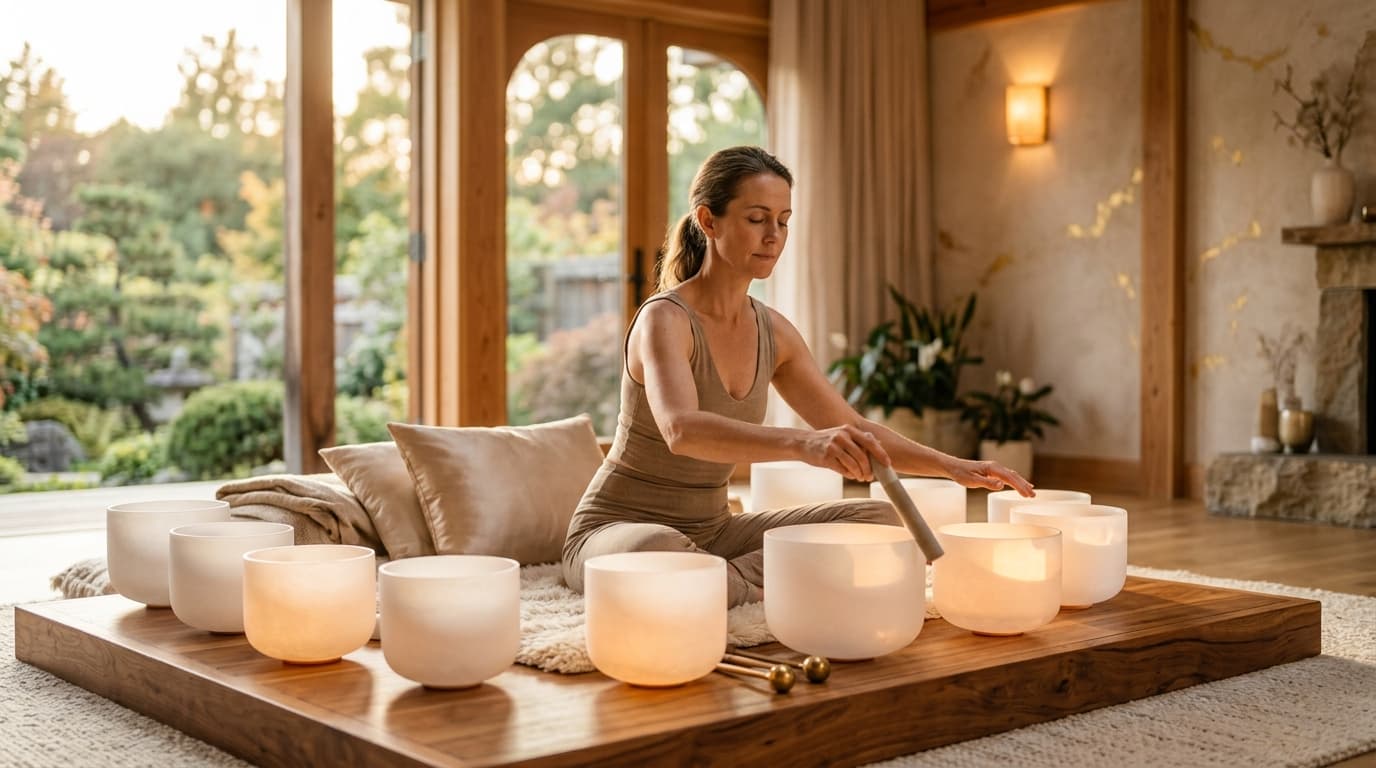 A tranquil sound healing session at Soul Art Dubai, featuring crystal singing bowls and gongs, guided by Larissa Steinbach, supporting profound legacy work and final expression through vibrational wellness.