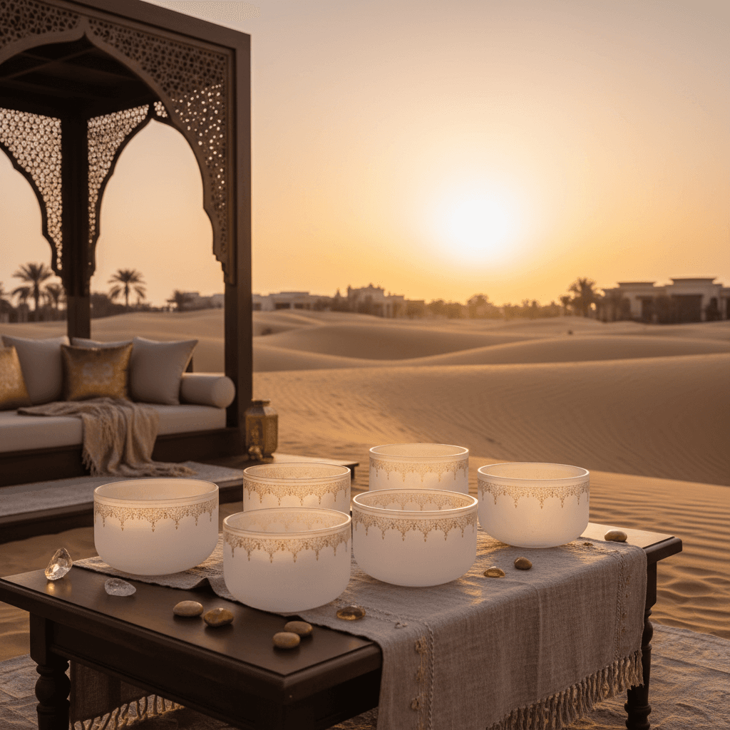 Eine ruhige Klangtherapie-Sitzung bei Soul Art Dubai, mit sanften Lichteffekten und Klangschalen, geführt von Larissa Steinbach, zur Stressreduktion für Juristen.