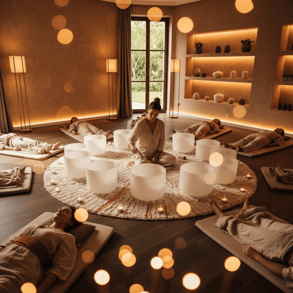 Larissa Steinbach, founder of Soul Art, guiding a transformative sound wellness session in Dubai, illustrating authentic letting-go rituals for emotional integration without spiritual bypassing.