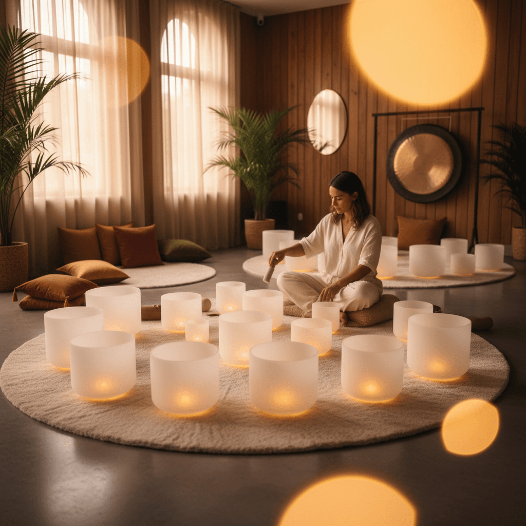 Larissa Steinbach guiding a sound wellness session for an LGBTQ+ couple at Soul Art, fostering deep connection and relaxation with crystal bowls.