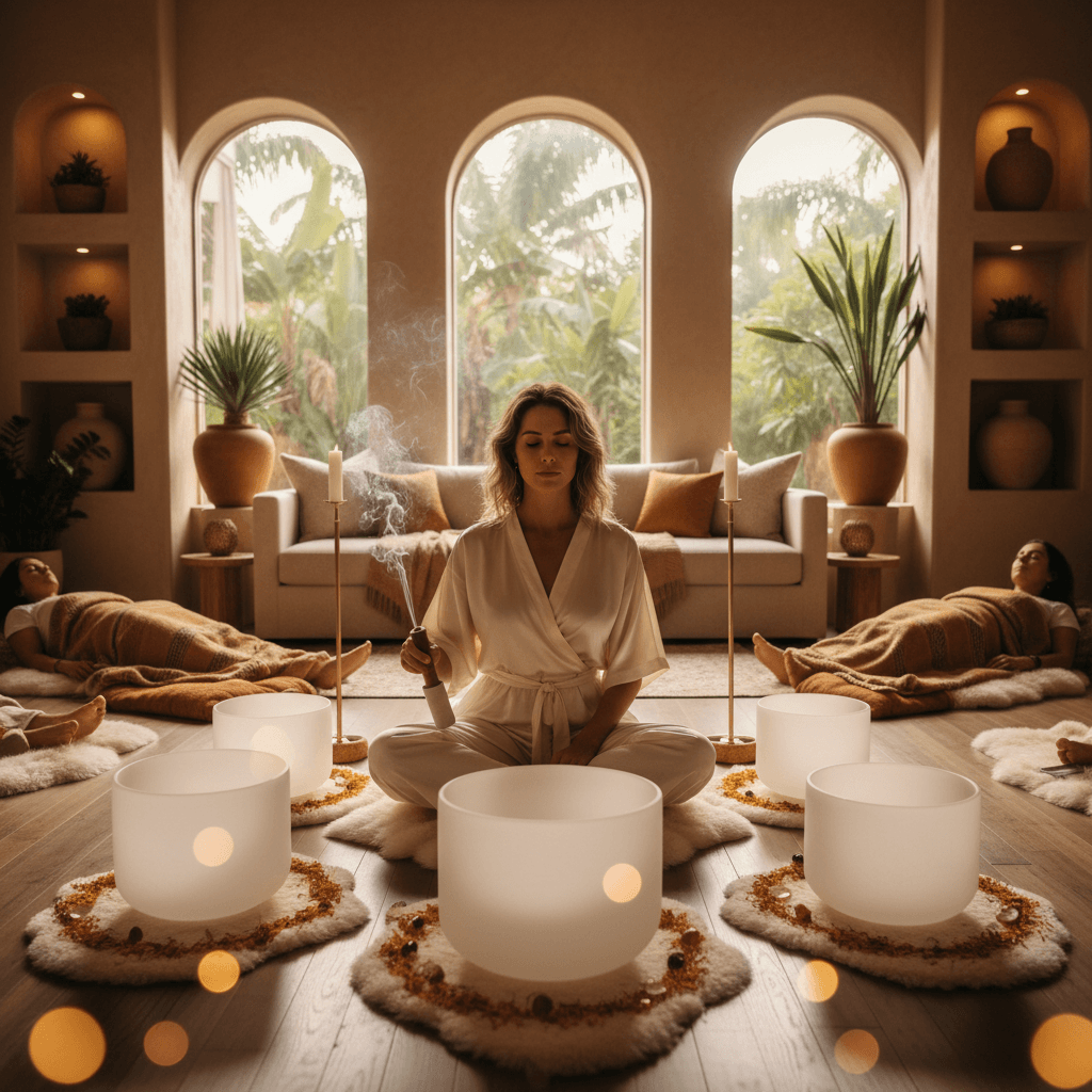 A serene image of singing bowls and crystals in a meditative setting, representing sound wellness for inclusive LGBTQ+ recovery at Soul Art Dubai, guided by Larissa Steinbach.