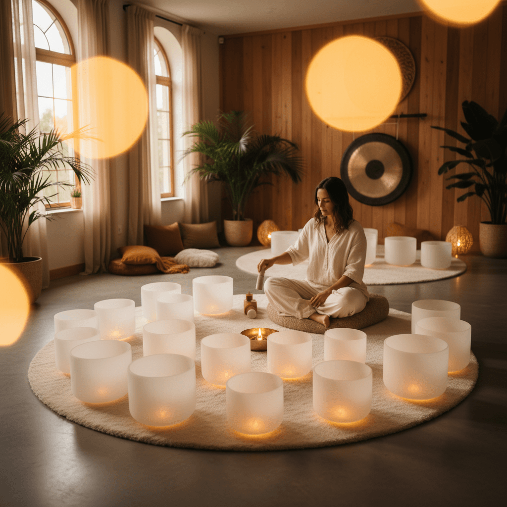 A sound healing practitioner in Dubai playing a crystal bowl, illustrating the importance of liability insurance for Soul Art and Larissa Steinbach's professional sound wellness studio.