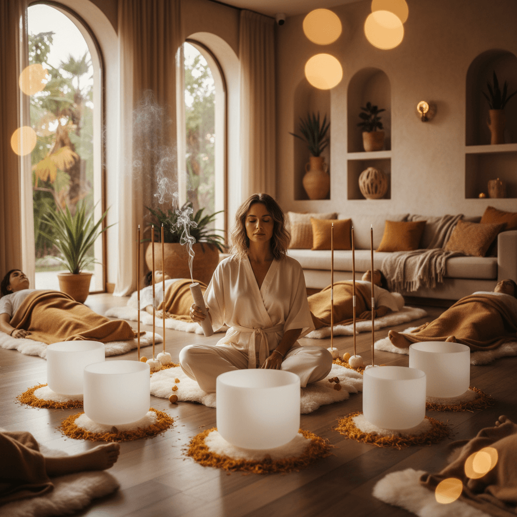 Larissa Steinbach facilitating a serene sound wellness session at Soul Art, promoting lifelong creativity and artistic aging through vibrational healing in Dubai.