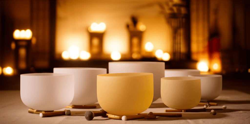 Larissa Steinbach of Soul Art Dubai guiding a sound healing session with crystal bowls, offering complementary support for Long COVID symptoms through nervous system regulation and relaxation.