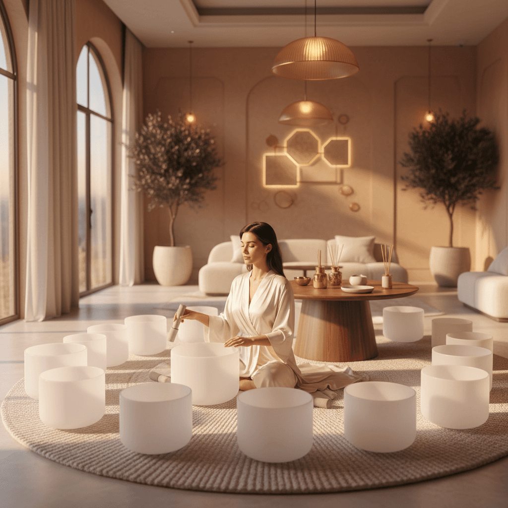 Eine Hand hält eine Klangschale, die sanft vibriert, mit einer verschwommenen Silhouette eines Paares im Hintergrund. Soul Art und Larissa Steinbach unterstützen Fernbeziehungen mit Klang-Wellness.