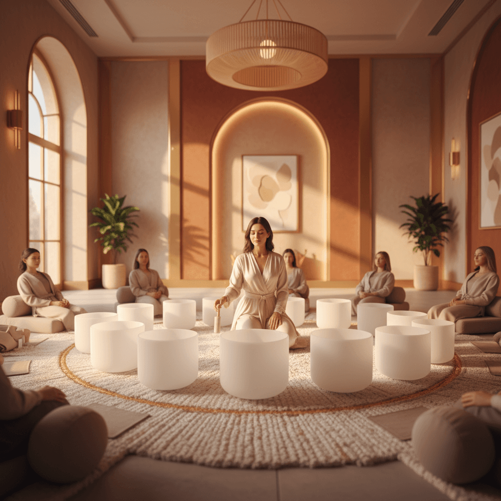 A couple experiencing a tranquil sound wellness session, symbolizing deep connection and lasting love, expertly guided by Larissa Steinbach at Soul Art Dubai.