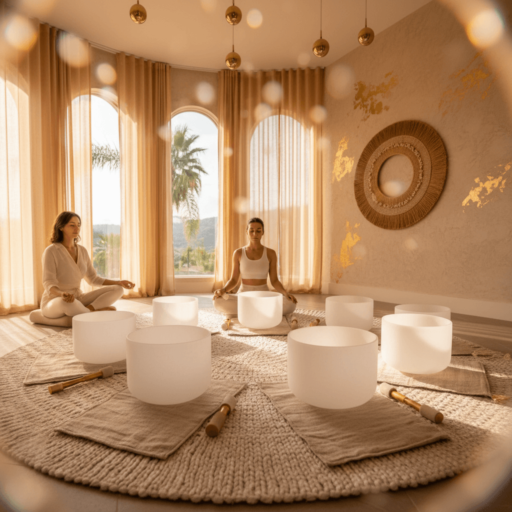 Eine Person entspannt sich in einer Klang-Wellness-Sitzung bei Soul Art Dubai, geleitet von Larissa Steinbach, um die langfristige Nüchternheit zu unterstützen und das Wohlbefinden zu fördern.