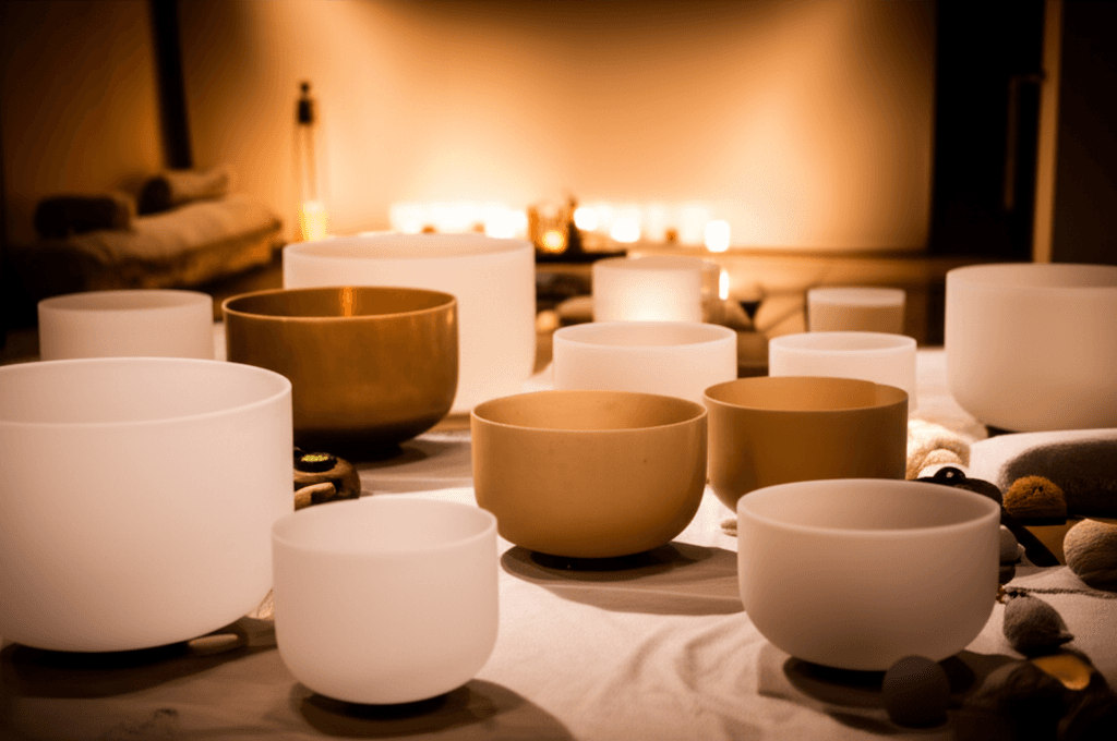 Larissa Steinbach of Soul Art Dubai demonstrating sound bowls for longevity and healthspan in a serene studio setting.