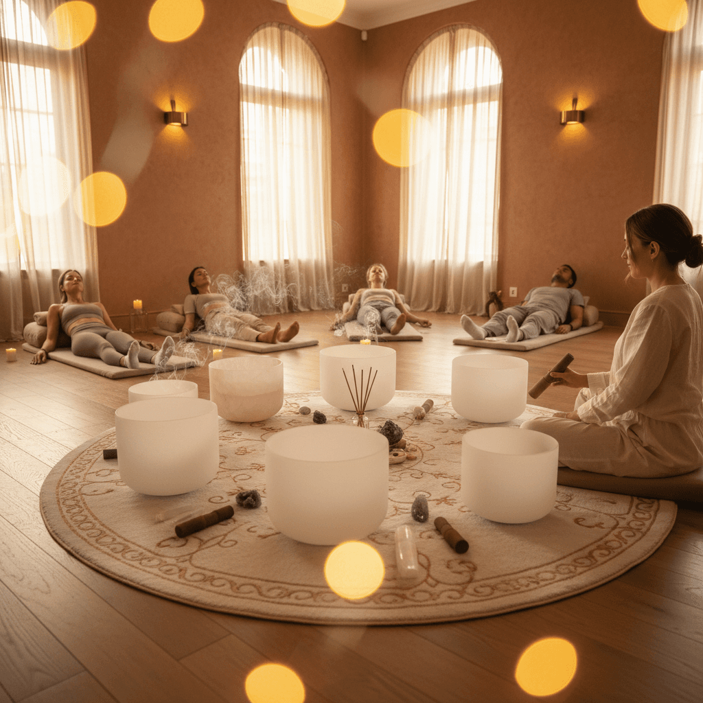 توضح صورة مركز سول آرت دبي (Soul Art Dubai) بيئة هادئة لجلسات العافية الصوتية، تبرز قيادة لاريسا ستاينباخ (Larissa Steinbach) في دمج الصوت لدعم طول العمر.