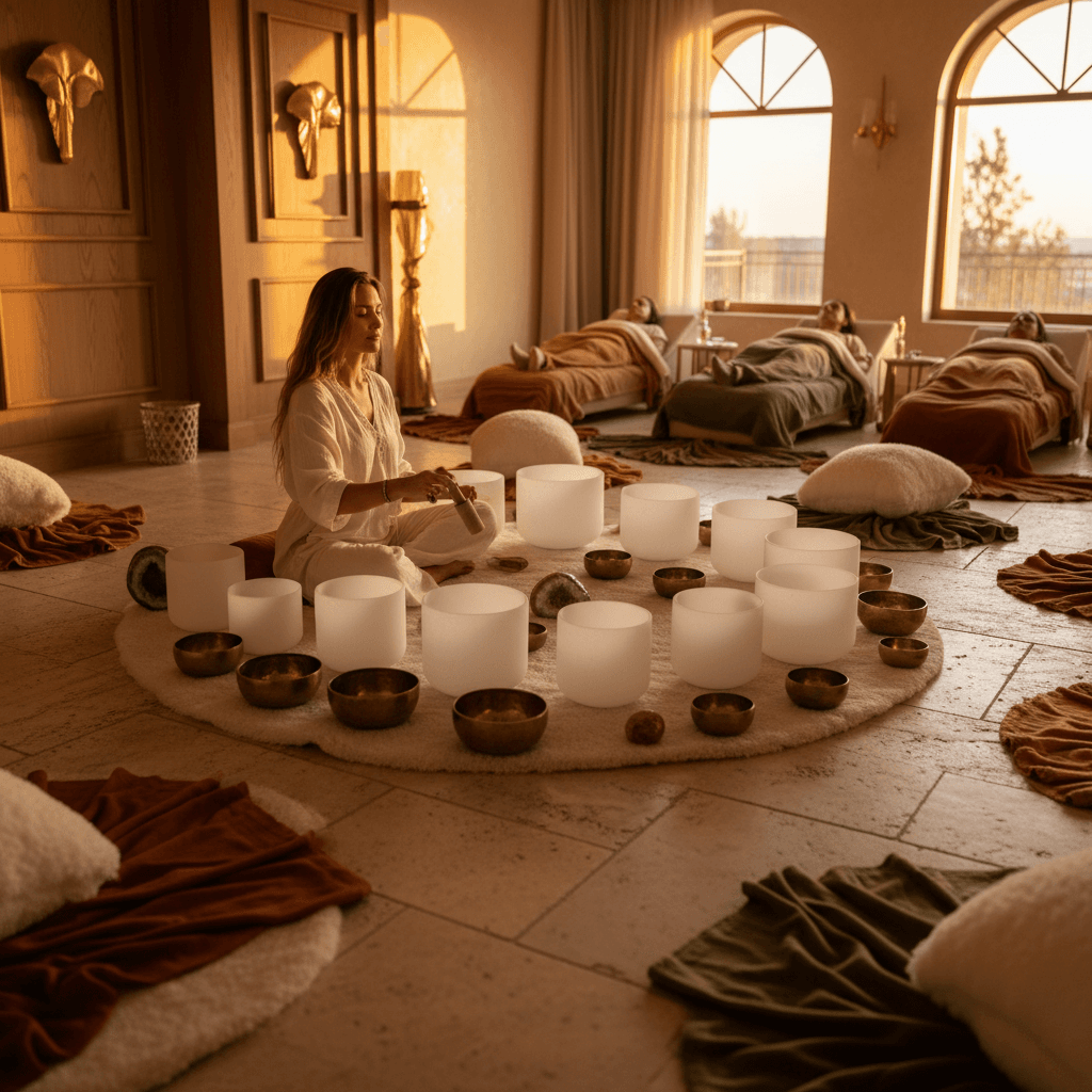Eine Person entspannt sich inmitten von Klangschalen bei Soul Art in Dubai. Larissa Steinbach's Studio bietet Klang-Wellness für Langlebigkeit und Wohlbefinden.