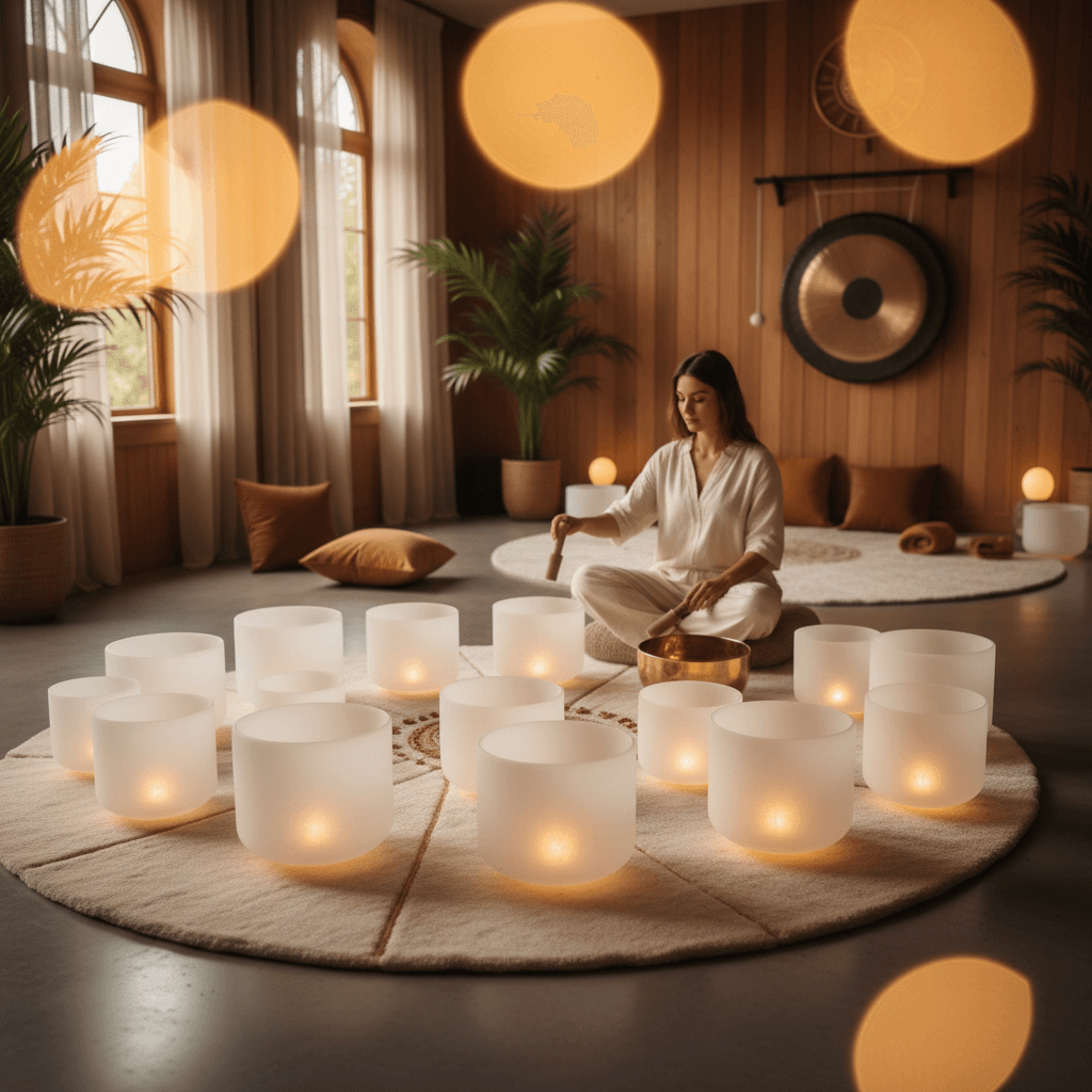 Larissa Steinbach von Soul Art Dubai bei einer Klang-Wellness-Sitzung, die langfristige Vorteile durch wissenschaftliche Studien demonstriert, mit dem Fokus auf tiefgreifende Entspannung und Regeneration.